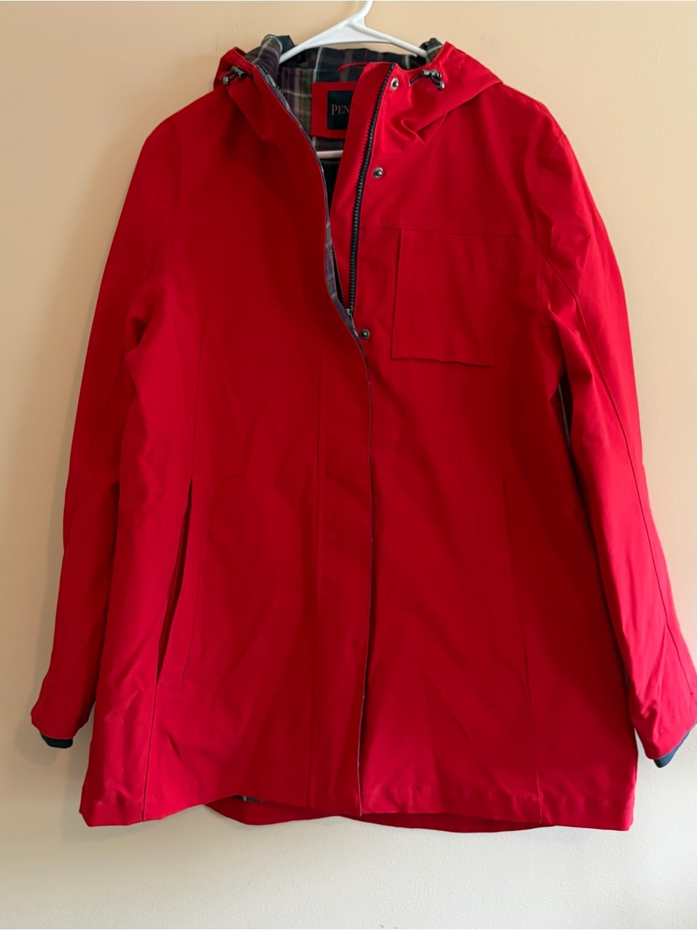 Penfield Women's Red Hooded Mid-Length rain Jacket windbreaker